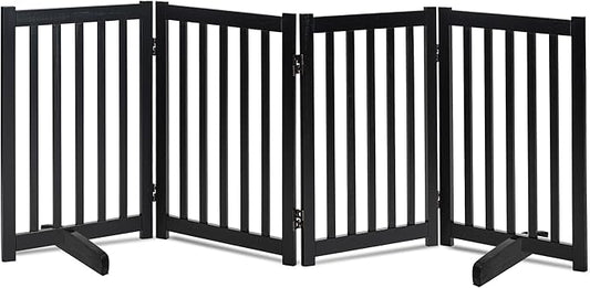 LZRS Freestanding Extra Wide Dog Gate 30 inch Tall - 4 Panels Solid Wooden Pet Gate for Doorways, Stairs, Hallways,Kitchens& Long Areas, Expandable & Foldable with Support Feet,Indoor Use,Black