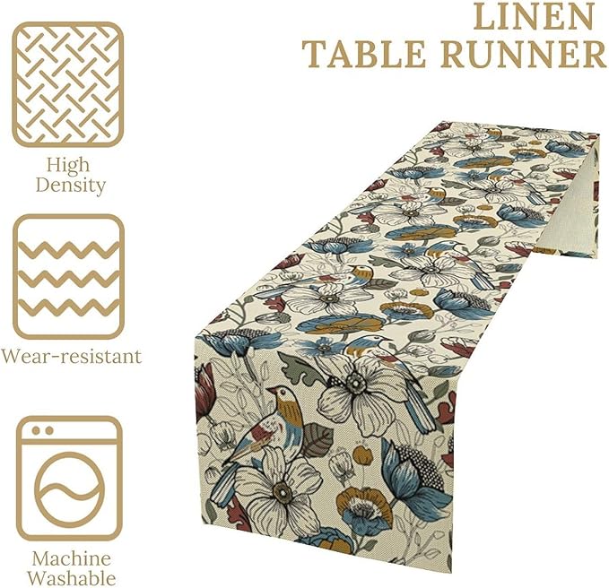 Boho Flower Birds Table Runner,Vintage Floral Aesthetic Art Table Decoration for Kitchen Dining Table Holiday Indoor Outdoor Home Party Decor 13x60in