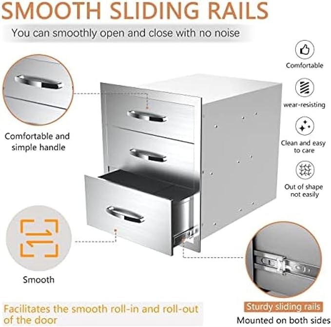 Stainless Steel Outdoor Kitchen Drawers - 3-Drawer BBQ Drawer, Built-in, Flush Mount - 20Wx23Dx27H