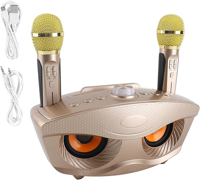 Speaker, KTV Karaoke Speaker with 2 Microphones for Home Party, 3000mAh Battery 10M Wireless Connection AUX Input USB Support (Gold)