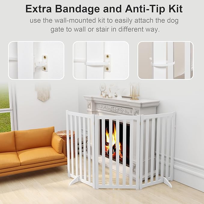 36" Height Extra Tall Freestanding Pet Gate, Solid Wood Folding Safety Fence Wooden Dog Gate with 2 PCs Support Feet Ideal for Stairs, Doorways, Halls, Kitchens, Heavy Duty Gates, 3 Panels, White