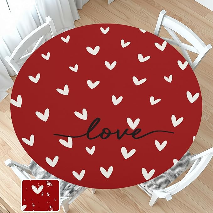 Valentines Day Round Fitted Tablecloth with Elastic Red White Love Heart Circle Table Cloth for 40-44" Round Tables Stretch Waterproof Washable Valentine Table Cover for Picnic Dining Party Decor