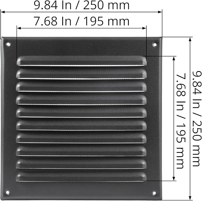Square Ventilation Grille / 8" x 8" Inch Inside Measurement/Black Metal Air Vent Louver - Inside/Outside use - / 10" x 10" Inch Outer Measurement