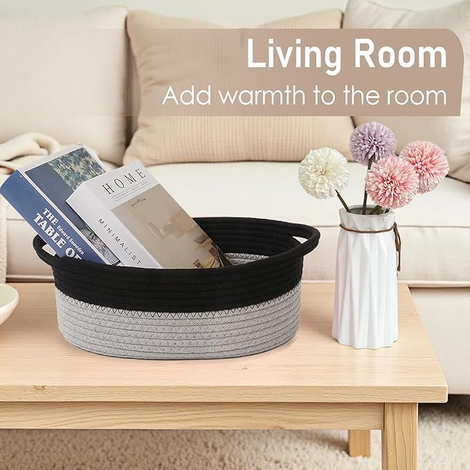 Woven Basket,Small Rope Storage Bin with Handles & Ribbon Bag, Organizer for Shelves Closets,Gift Basket Empty for Birthday,Books,Dog Toys, Black&Grey/3 Pack