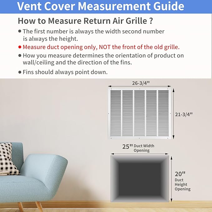 25"W x 20"H [Duct Opening Size] Steel Return Air Grille, Air Return Vent Cover for Ceiling and Sidewall - HVAC Air Vent Covers - [Outer Dimensions: 26.75"W x 21.75"H]