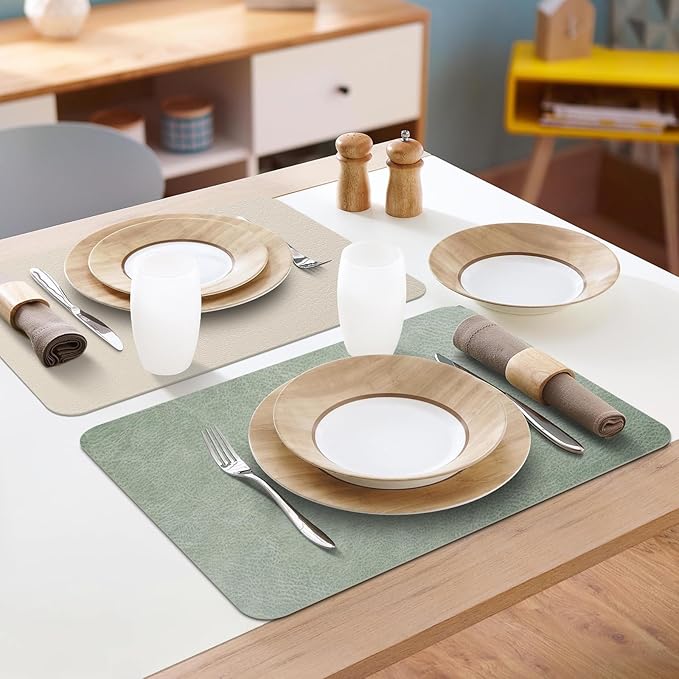 Faux Leather Placemats Set of 6 Table Mats Heat Resistant Reversible Place Mats, Waterproof Wipeable Dining Table Placemats for Home Party Outdoor, 16.9 x 11.8 inches (Sage Green/White)