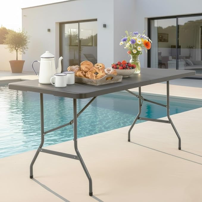 FDW 6FT Folding Table, Portable Fold-in-Half Plastic Picnic Party Table with Carrying Handle （Black, 6FT）