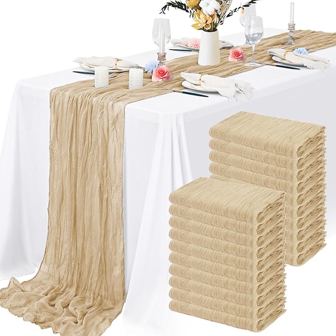 20 Packs Cheesecloth Table Runner 10FT Long Boho Gauze Fabric Table Runner Vintage Rustic Sheer Runners for Wedding Party Bridal Baby Shower Table Decorations (Beige)