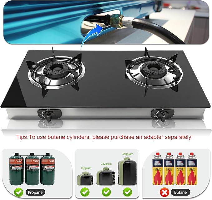 2 Burner Propane Gas Stove, Portable Tempered Glass Camping Stove Propane with Auto-Ignition, 20472 BTU Burners for Cooking, Outdoor, Camping, RV & Emergency Use