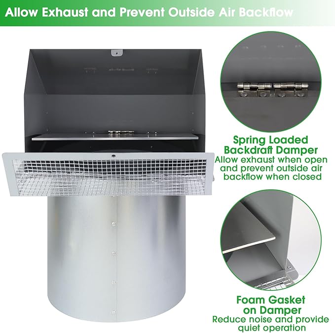 10 Inch Hooded Wall Vent Exhaust with Screen and Damper,Outdoor Wall Exhaust Vent Cover Cap for Kitchen Range Hood Outside Exterior Dryer Ventilation,Galvanized Steel,Gray