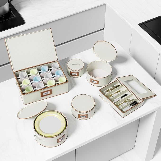 Aokeyee China Storage Containers- 6 Piece Set Hard Shell Moving Box for Dishes, Plate, Mugs, Cup, Silverware, Flatware, Saucers, Dinnerware, Sturdy Quilted Organizer with Soft Dividers, Handles, Ivory