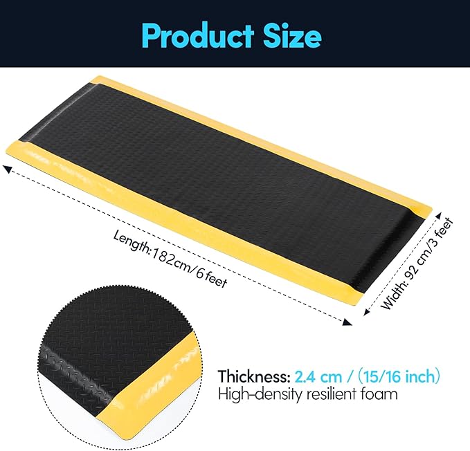 3 x 6 FT Anti Fatigue Mats Industrial 15/16 Inch Thick Soft Sponge Ergonomic Mat Durable Heavy Duty Diamond Plate for Standing Non Slip Industrial Grade Floor Mat for Leg & Back Pain