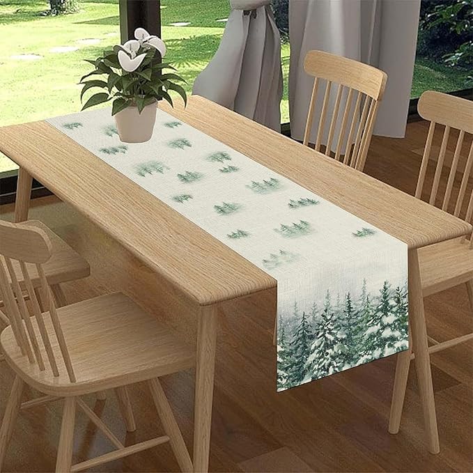 Forest Table Runner, Rustic Farmhouse Mountains Birds Pine Tree Woodland Jungle Cottage Country Coffee Table Center Decor for Home Kitchen Dining Patio Holiday Party Table Decorations, 13"x90" Inch