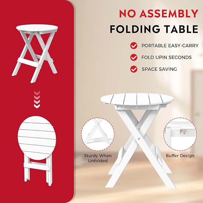 Costaelm Paradise HDPE Outdoor 24.5 Inch Round Portable Folding Patio Dining Table, White