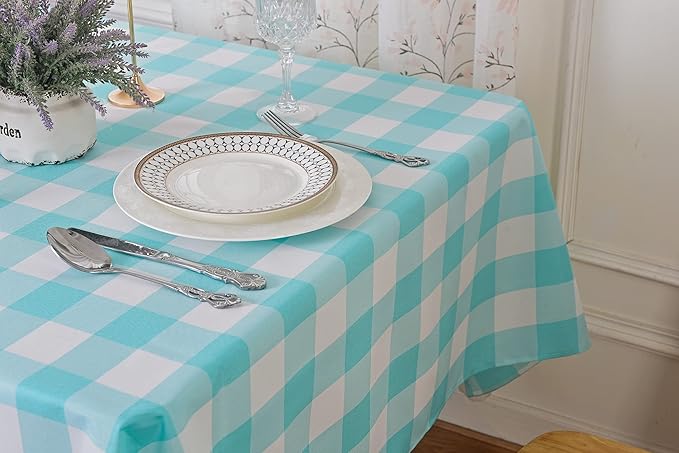 Cupuamon 2 Pack Waterproof Polyester Fabic Rectangle Checkered Tablecloth，60x120 Outdoor Table Cloth，Oil Stain Prevention Table Cloth for Pinics and Parties（Aqua and White）