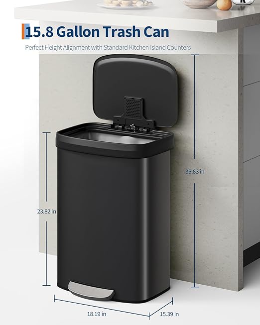 Garvee 16 gal / 60 L Metal Trash Can with Lid, Large Garbage Can for Kitchen, Rustproof Step-on Kitchen Metal Trash Bin with Liner Rim, Rear Handle, Soft Close Plastic Lid, Black