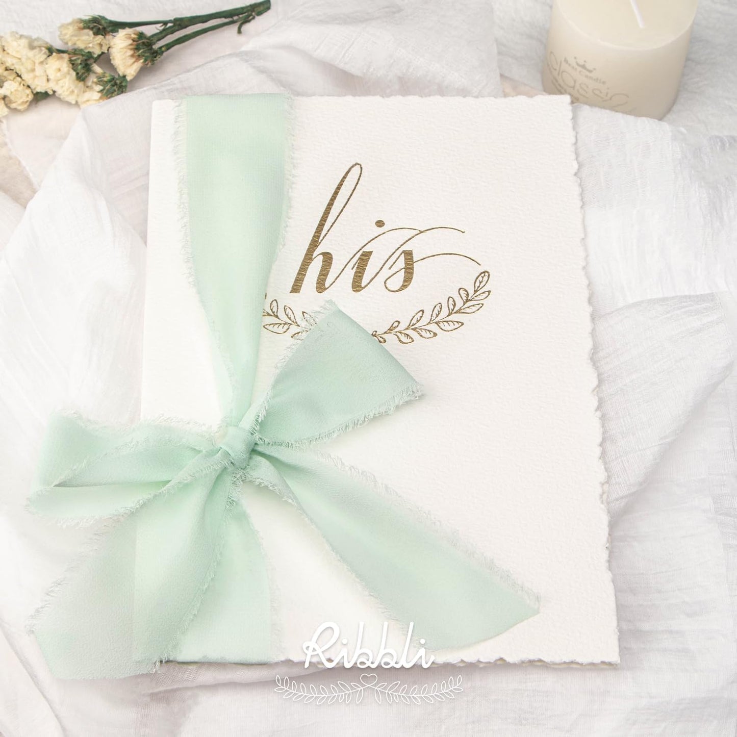 Ribbli Mint Green Chiffon Ribbon 1-1/2 inch x 20 Yard Handmade Fringe Chiffon Silk Ribbon, Mint for Wedding Invitations, Bridal Bouquets Wrapping, Flower Arrangement Decoration