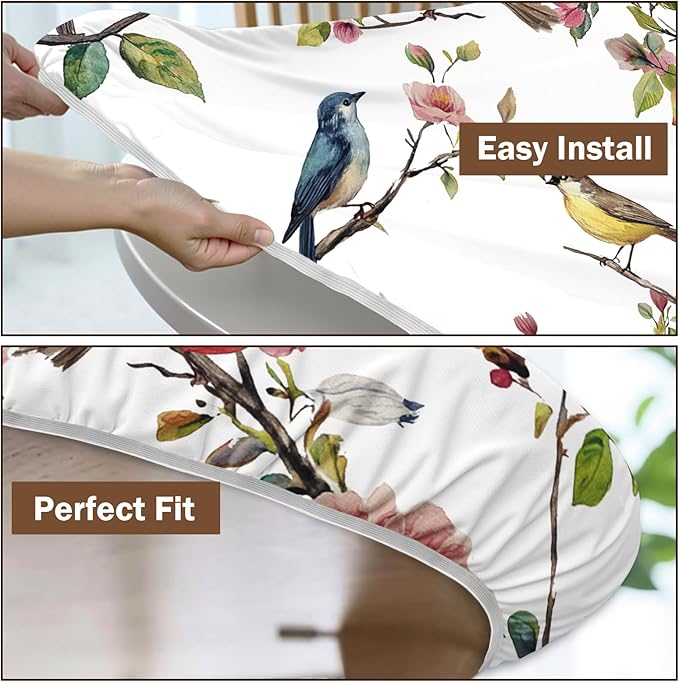 Spring Summer Round Fitted Tablecloth with Elastic Edge Bird Floral Easter Circle Table Cloth for 44-48" Round Tables Wipeable Waterproof Hummingbird Flower Table Cover for Outdoor Picnic Dining Decor