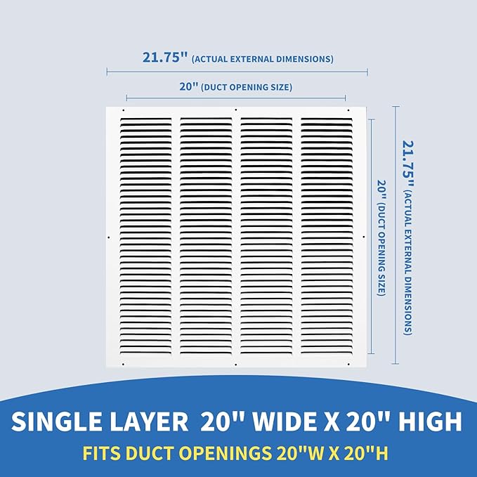 20x20 Return Air Grille (Duct Opening Size), Air Return Vent Cover, AC Vent Cover, Cold Air Return Vent Cover, Flat Return Air Grilles, Outer Dimensions:21.75"W x 21.75"H (20"W x 20"H, Duct Opening)