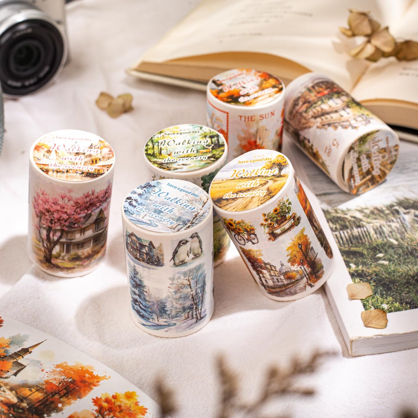 6 Rolls Seasonal Landscape Washi Tape Set, Nature-Inspired Stickers for Journaling, Scrapbooking, and DIY Crafts, with Decorative Clip