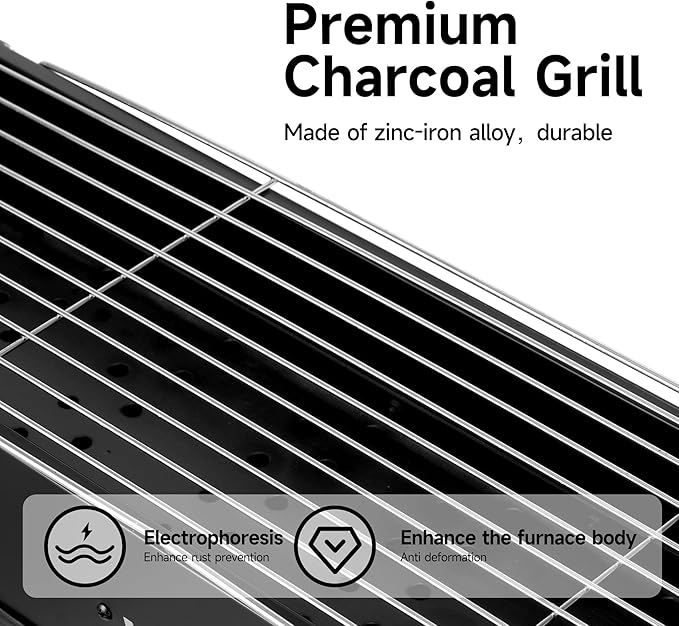 WILLBBQ Charcoal Grills Commercial Quality Portable Hibachi BBQ Folded Camping Barbecue Grill for Backyard Party Outdoor Cooking Use，Perfect Christmas Gifts for Dad (31.6x7.1x5.1 inch), BLACK