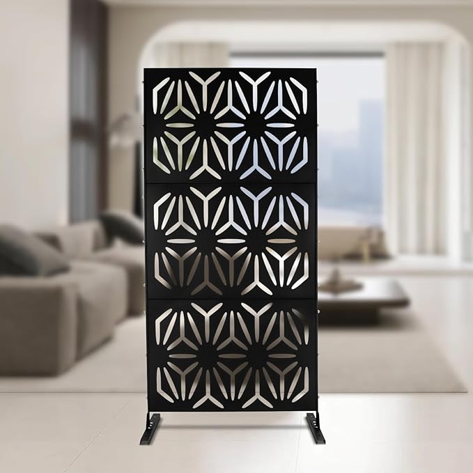 Metal Outdoor Privacy Screen with Stand,Freestanding Privacy Screen & Panels, Decorative Outdoor Divider with Stand Panels for Deck Patio Balcony (35.4 * 15.75 * 74.8in)