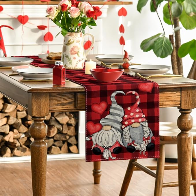 Artoid Mode Red Black Buffalo Plaid Heart Gnomes Love Valentine's Table Runner, Kitchen Dining Table Decoration for Home Party Decor 13x72 Inch