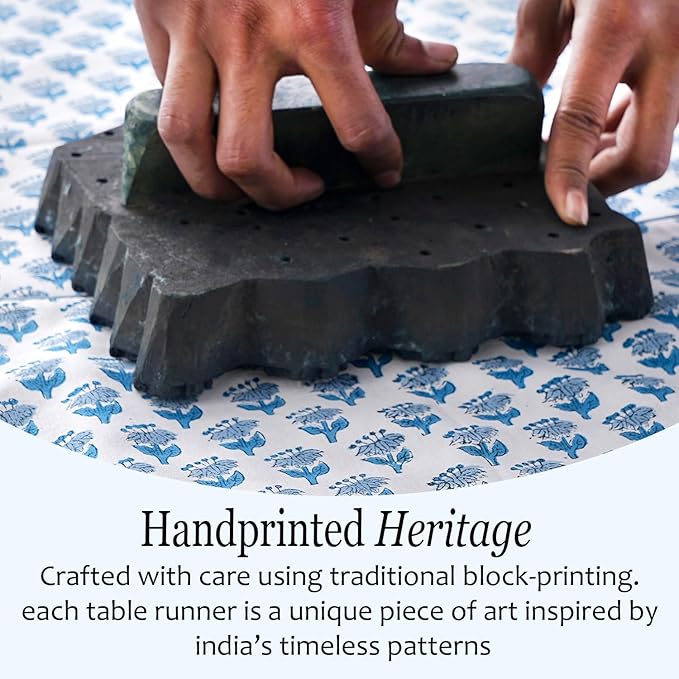 CPC Cotton Table Runner 16x108 Inch Block Printed Long Fall Table Runner for Dining Table, Card Table, Coffee Table, Wedding, Farmhouse & Outdoor Barbeque-Apatite Blue
