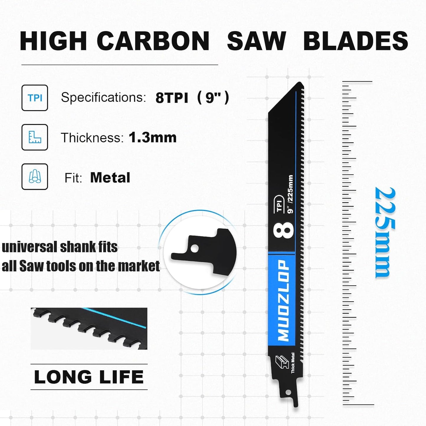 1 Pack 9 inch Reciprocating Saw Blades Set，8 TPI High Carbon Saw Blades for Metal ，Saw Blades with Organizer Case (1, 8T/9inch)