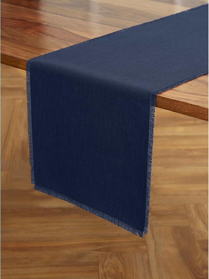 Solino Home Linen Navy Blue Table Runner 36 Inches - Fringe, 100% Pure Linen Small Table Runner 14 x 36 Inch Ideal for Dresser and Coffee Tables - Winter