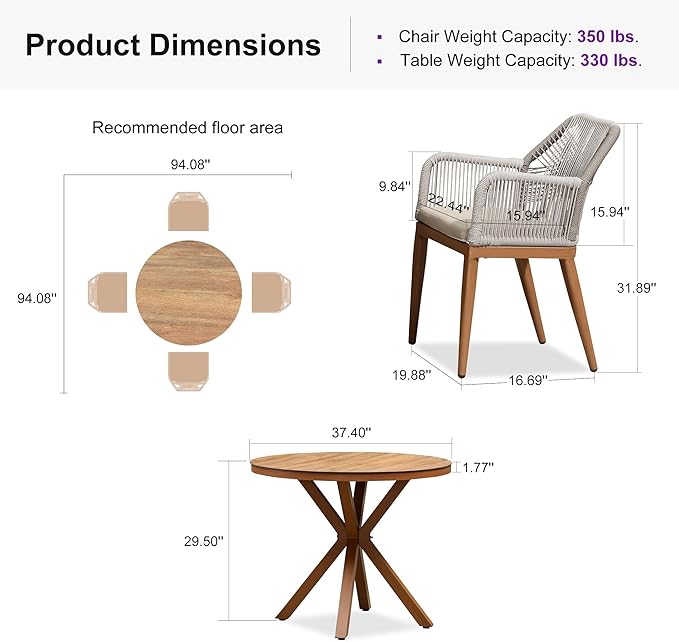 PURPLE LEAF 5 Pieces Patio Round Dining Set Aluminum Round Table and Rattan Arm Chairs with Cushions for Kitchen Porch Garden Modern Outdoor Furniture Sets