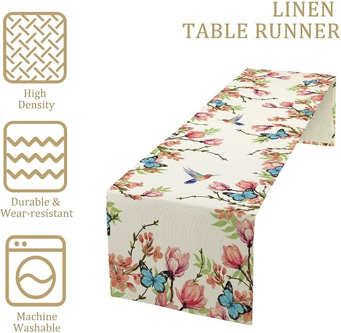 Spring Flower Table Runner, Seasonal Rustic Garden Flowers Bird Butterfly Print Table Runner for Home Kitchen Table Decor, 13x36inch