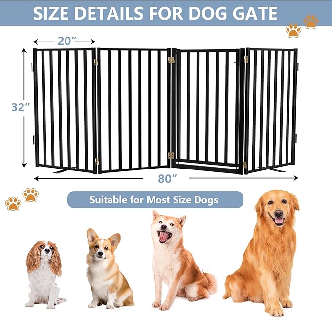 Full Metal Freestanding Dog Gates with Door, 32" Height Dog Fences for Indoor & Outdoor, Extra Wide Foldable Pet Gates for Stairs, Hallways, Doorways, Yard (4 Panels, 80" W × 32" H)