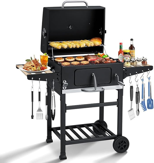 MELLCOM Small Charcoal Grill with Wood Foldable Side Table - 338 Sq.In BBQ Area with Individual Lifting Charcoal Trays & Thermometer, Movable Charcoal Barbeque Grill for Patio, Garden and Backyard