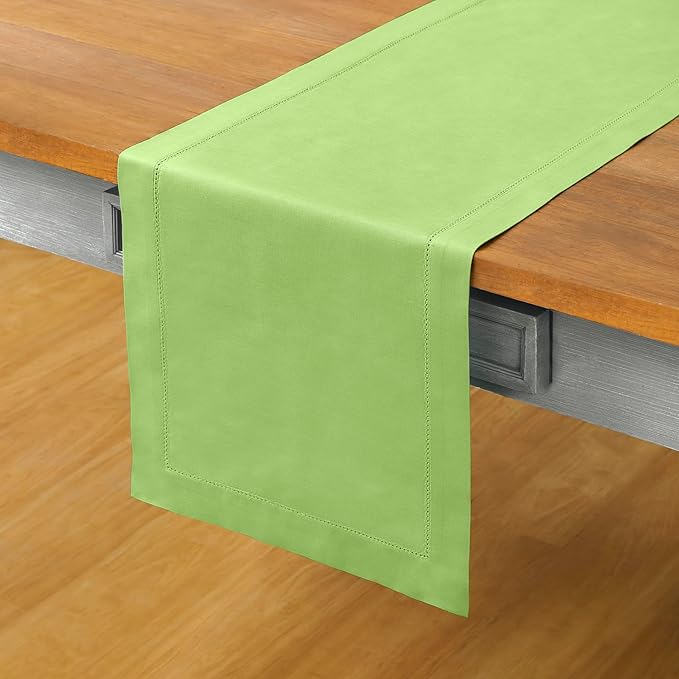 Solino Home Table Runner 90 Inches Long - Cotton Linen Hemstitch Apple Green Table Runner 14 x 90 Inch for Spring, Easter, St Patricks Day