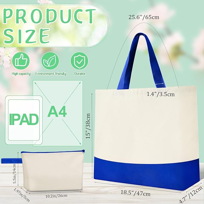 Sanwuta 24 Pcs Canvas Tote Bags Bulk with Zipper Cosmetic Bags 18.5" Cotton Canvas Bag with Handles Reusable Shopping Bags