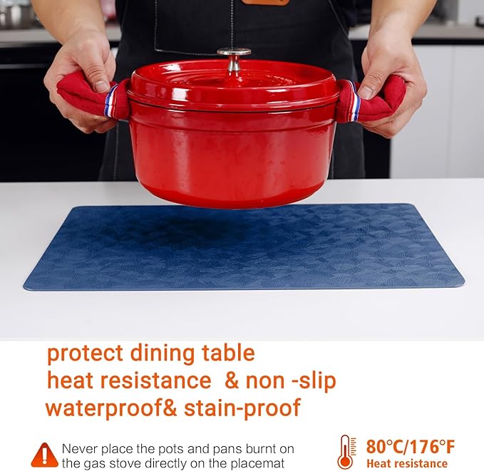 Vinyl Placemats Set of 6 Heat Resistant Easy Clean Non-Slip Place Mats for Dining Table. Faux Leather Waterproof Stain Resistant Wipeable Washable PU Table Mats(6, Blue)