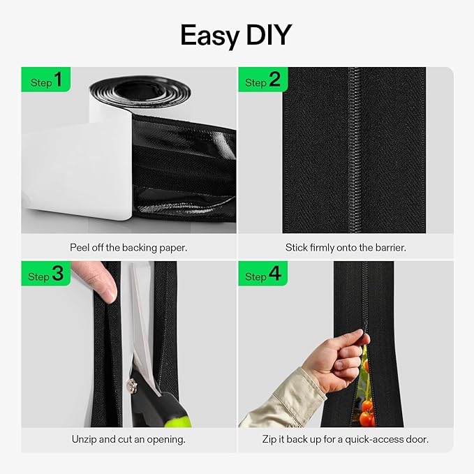 VIVOSUN 1-Pack Self Adhesive Zipper Door for Debris Barriers, 3In. x 7Ft. Peel & Stick, Heavy-Duty & Double-Sided Zipper for Tarp, Greenhouse, Indoor Outdoor Tent, Black