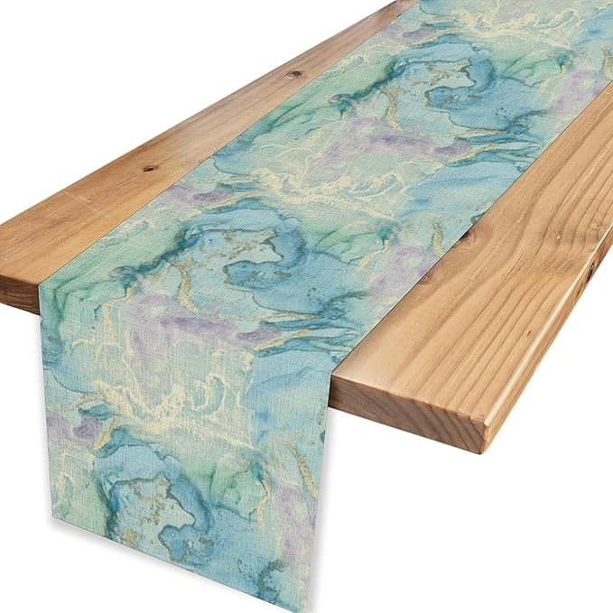 Summer Beach Table Runner, Blue Sea Coastal Nautical Marble Wave Ocean Table Runner Seasonal Holiday Home Kitchen Dining Table for Home Party Decor 13"x90"