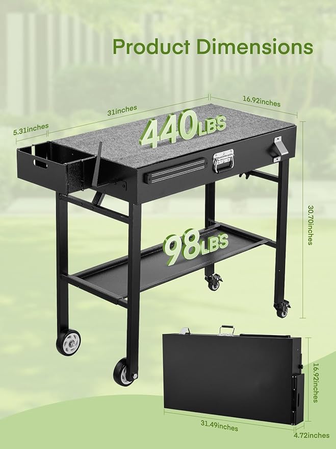 Grill Cart, Portable Outdoor Grill Table for Blackstone Griddle, Foldable Cart Table with Wheels, Griddle Stand with Paper Towel Holder, BBQ Prep Tables with Seasoning Tray