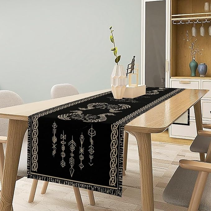 Viking Table Runner, Raven Ancient Rune Dragon Totem Norse Mystical Geometric Table Runner for Kitchen Dining Party Holiday Banquet 13x60in
