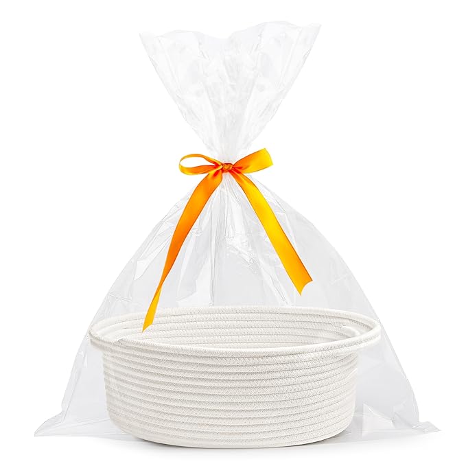 Pro Goleem Small Woven Burr Basket with Gift Bags and Ribbons Durable Baskets for Gifts Empty Small Rope Basket for Storage 12"X 8" X 5" Baby Toy Baskets with Handles, White