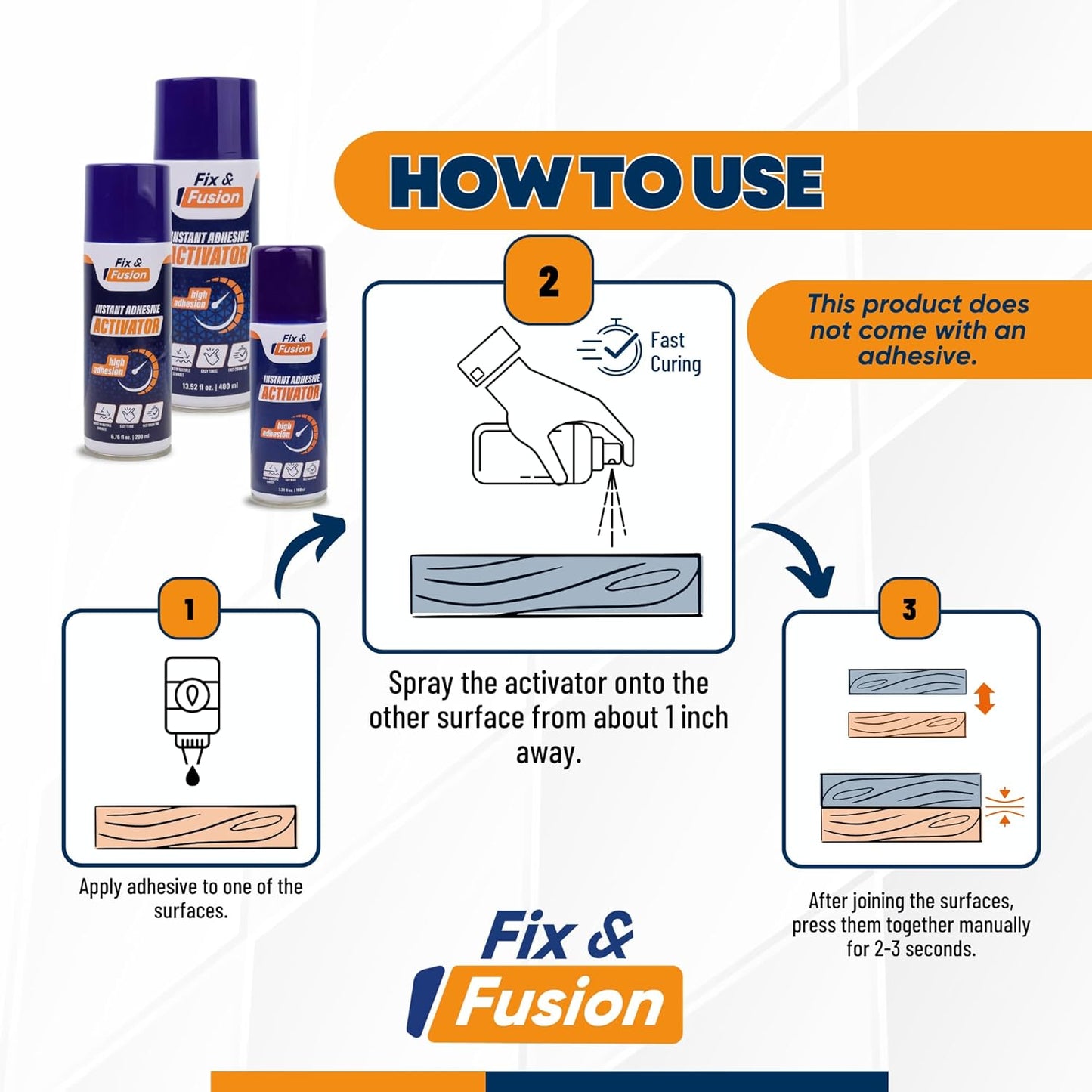 FIX & FUSION Activator Spray (13.5 Fl Oz), Instant Cure Accelerator for Cyanoacrylate (CA) Super Glue for Wood, Plastic, Rubber, Granite, and DIY & Professional, Accelerates Bonding Strength, (2 Pack)