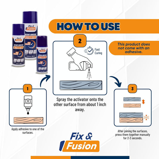 FIX & FUSION Activator Spray (13.5 Fl Oz), Instant Cure Accelerator for Cyanoacrylate (CA) Super Glue for Wood, Plastic, Rubber, Granite, and DIY & Professional, Accelerates Bonding Strength, (1 Pack)