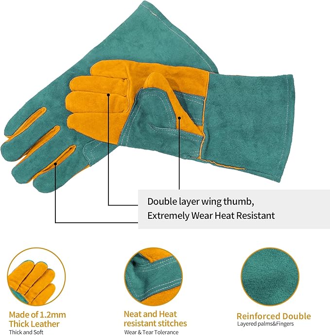 Leather Welding Gloves - Thick Premium Cow Split Leather, Heat Resistant, Welding, Grilling, BBQ & Fireplace