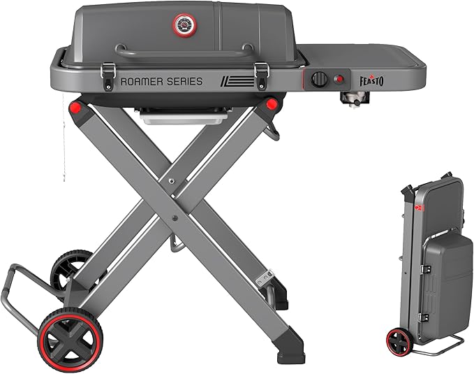 Portable Propane Gas Grill with Folding Cart & 13000 BTUs Burner, 360 Sq. In. Cast Iron Cooking Grates, Side Table, 8" Wheels, Stainless Grease Tray for Outdoor BBQ, Camping & Tailgating, Grey