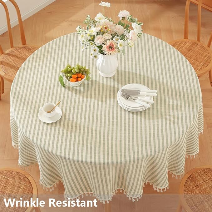 TruDelve Round Tablecloth 70 Inch Olive Green Striped Cloth Tablecloths Spring Outdoor Table Cloth Round Cover (Green,70",Round)