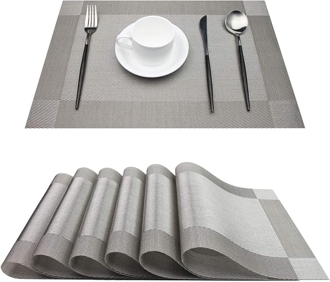 PIGCHCY Place Mats Heat-Resistant Non Slip Table Mats - Easy Wipe Clean Woven Vinyl Placemats for Dining Table Set of 6 (Grey Silver)