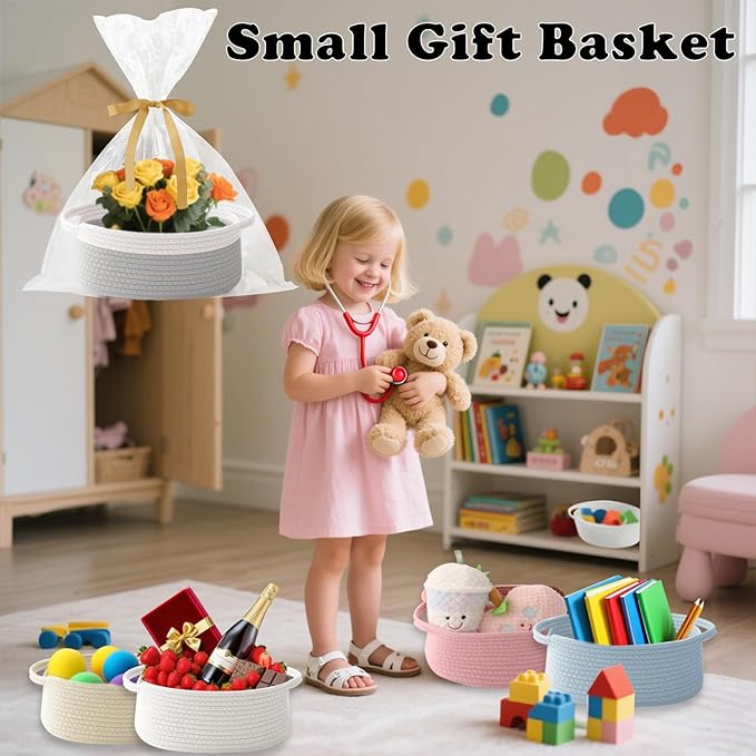 Gift Basket with Gift Bag and Ribbons,Small Rope Woven Shelf Storage,Baskets for Gifts Empty,Birthday,Baby Shower,Decorative Organizer Box with Handles(White&Grey)
