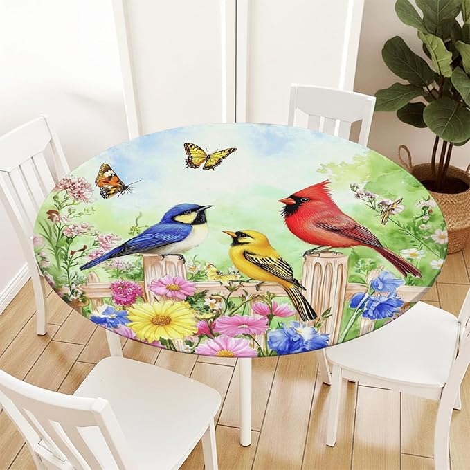 Spring Birds Floral Round Fitted Tablecloth with Elastic Colorful Flower Butterfly Circle Table Cloth for 44-48" Round Tables Wipeable Waterproof Farmhouse Easter Table Cover for Outdoor Picnic Dining